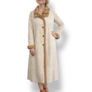 Vintage 90s Longline Cream Vegan Suede Leather Coat Faux Fur Collar Trim Large